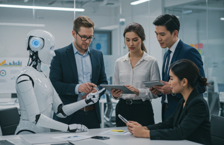 Profissionais trabalhando em colaboração com sistemas de Inteligência Artificial em ambiente de trabalho moderno, representando a transformação do mercado de trabalho.