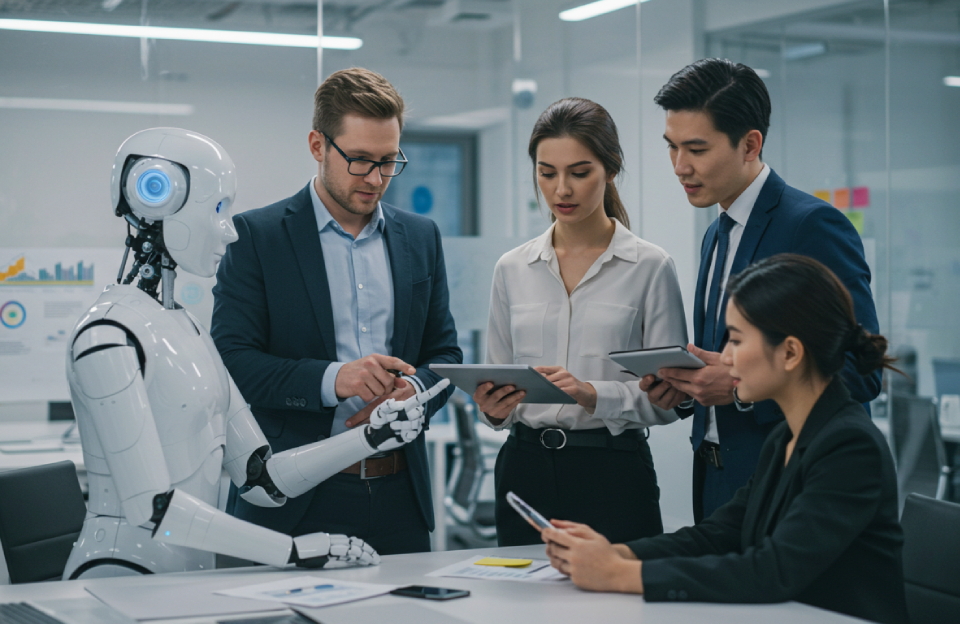 Profissionais trabalhando em colaboração com sistemas de Inteligência Artificial em ambiente de trabalho moderno, representando a transformação do mercado de trabalho.