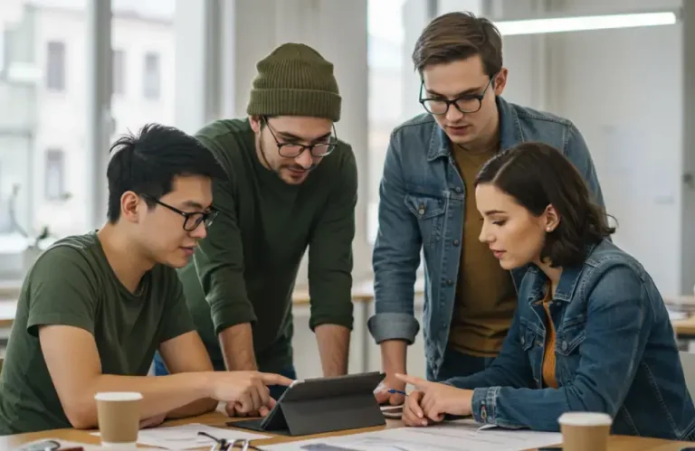 Grupo de quatro jovens reunidos em torno de um tablet em ambiente colaborativo, discutindo e analisando informações, com papéis e copos descartáveis sobre a mesa, representando o uso de ferramentas de ia para estudantes.