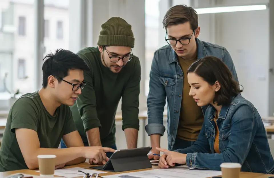 Grupo de quatro jovens reunidos em torno de um tablet em ambiente colaborativo, discutindo e analisando informações, com papéis e copos descartáveis sobre a mesa, representando o uso de ferramentas de ia para estudantes.