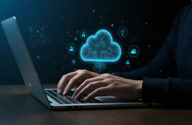 Pessoa digitando em um notebook com ícone digital de cloud computing flutuando acima do teclado, cercado por símbolos de conectividade e segurança, representando o uso da computação em nuvem.