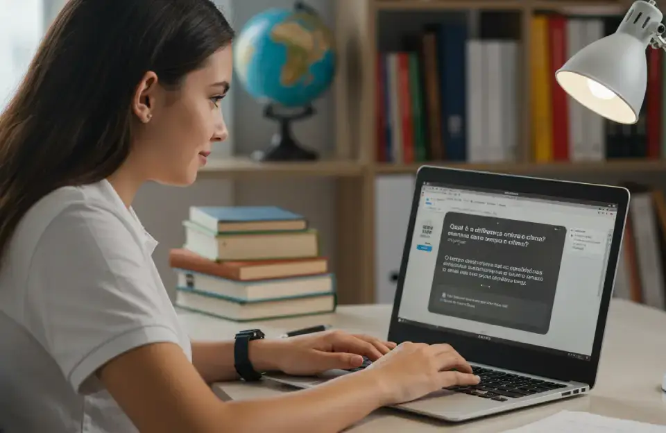 Jovem sentada à mesa usando um notebook com o ChatGPT aberto, em ambiente de estudo com livros empilhados, globo terrestre e luminária, representando o uso da inteligência artificial na educação.