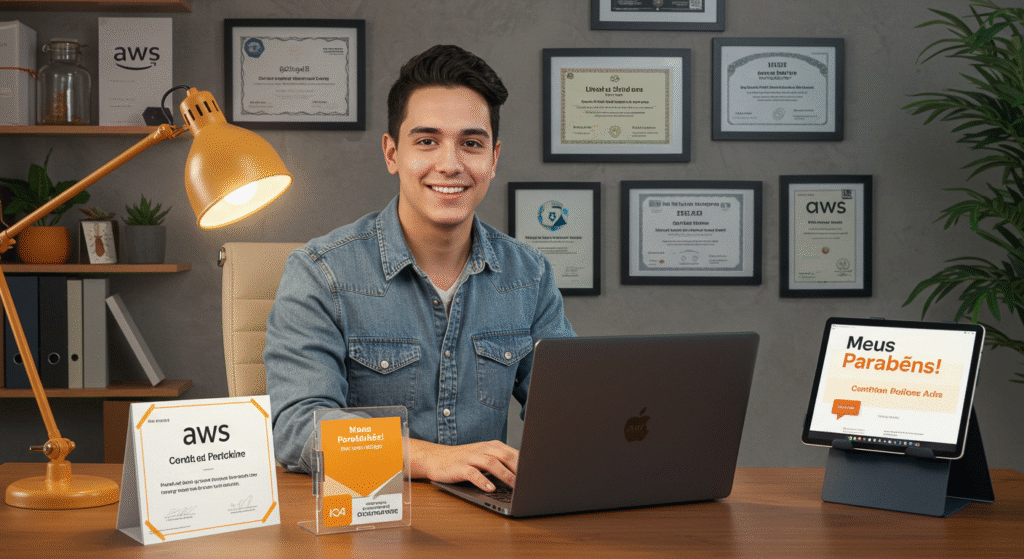Pessoa feliz com laptop mostrando um certificado digital, representando o sucesso com certificações em tecnologia. Pessoa feliz com laptop mostrando um certificado digital, representando o sucesso com certificações em tecnologia.