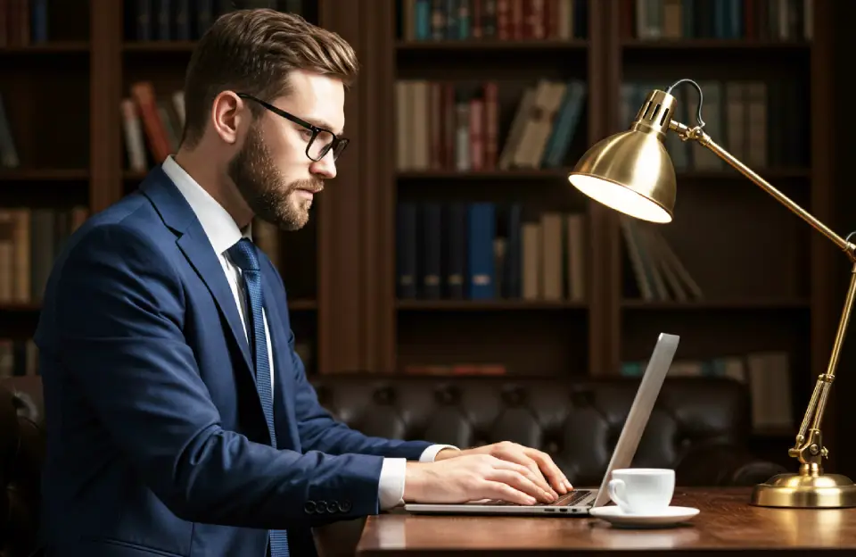 Advogado usando notebook em escritório com estante de livros jurídicos ao fundo e luminária de mesa, representando o uso de ferramentas tech para advogados na rotina profissional.