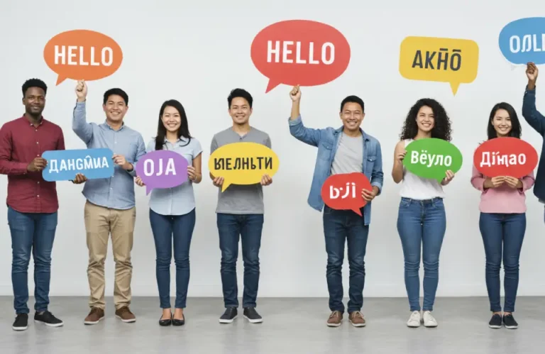 Grupo diverso de pessoas segurando balões de fala com a palavra “olá” em vários idiomas, representando o aprendizado com o recurso Little Language Lessons do Google.