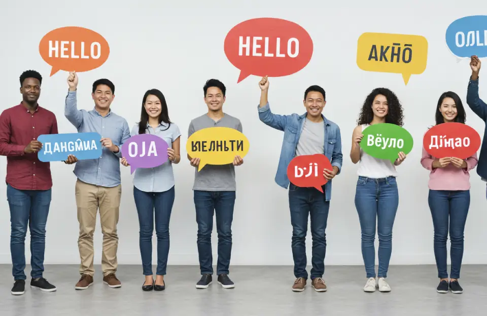 Grupo diverso de pessoas segurando balões de fala com a palavra “olá” em vários idiomas, representando o aprendizado com o recurso Little Language Lessons do Google.