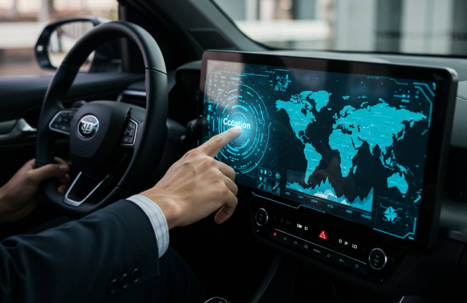 Pessoa interage com tela digital de alta tecnologia no painel de um carro, exibindo mapa-múndi e dados geográficos, simbolizando navegação avançada e sistemas de direção de carros autônomos.