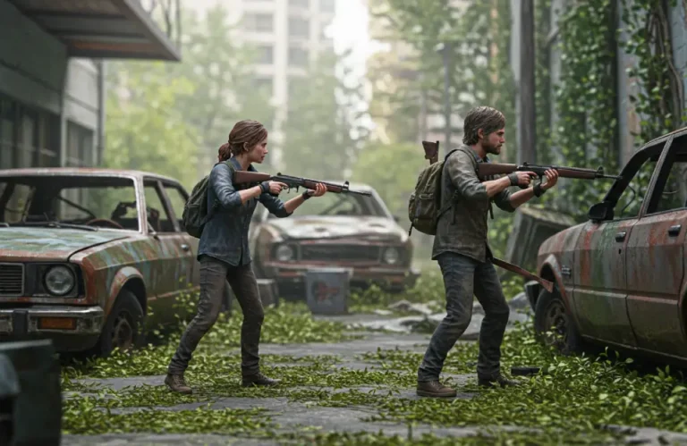 Personagens armados exploram cenário urbano pós-apocalíptico com carros abandonados e vegetação densa, representando o uso de inteligência artificial nos jogos eletrônicos para criar ambientes realistas e dinâmicos.