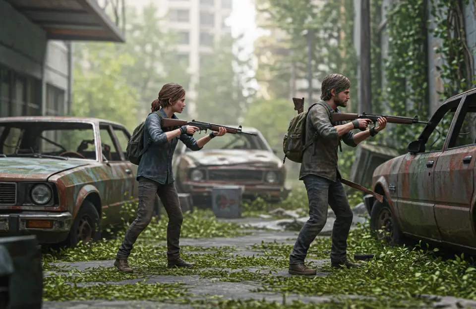 Personagens armados exploram cenário urbano pós-apocalíptico com carros abandonados e vegetação densa, representando o uso de inteligência artificial nos jogos eletrônicos para criar ambientes realistas e dinâmicos.