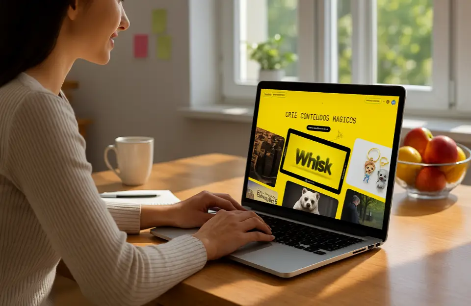 Mulher usando notebook em mesa com o site do Google Whisk aberto na tela, exibindo layout amarelo e imagens criativas, representando o uso da ferramenta para criação de conteúdos visuais.