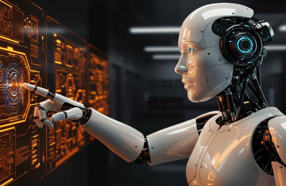Robô humanoide interagindo com uma tela digital laranja repleta de gráficos e dados, em um ambiente escuro e futurista, simbolizando o uso avançado de inteligência artificial geral e automação.