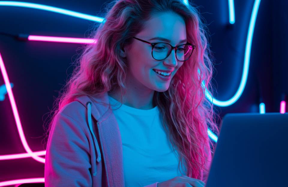 Mulheres na tecnologia: mulher jovem com óculos e expressão sorridente usa notebook em ambiente moderno com luzes de neon, representando a inclusão feminina na tecnologia.