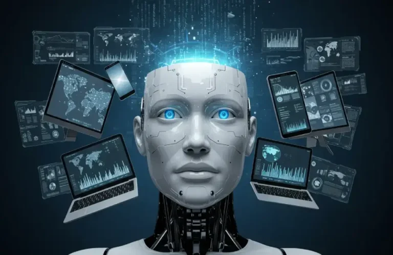 Rosto de robô humanoide cercado por telas digitais com gráficos e dados, simbolizando análise automatizada e tomada de decisões, ideal para ilustrar o conceito de “o que é inteligência artificial”.
