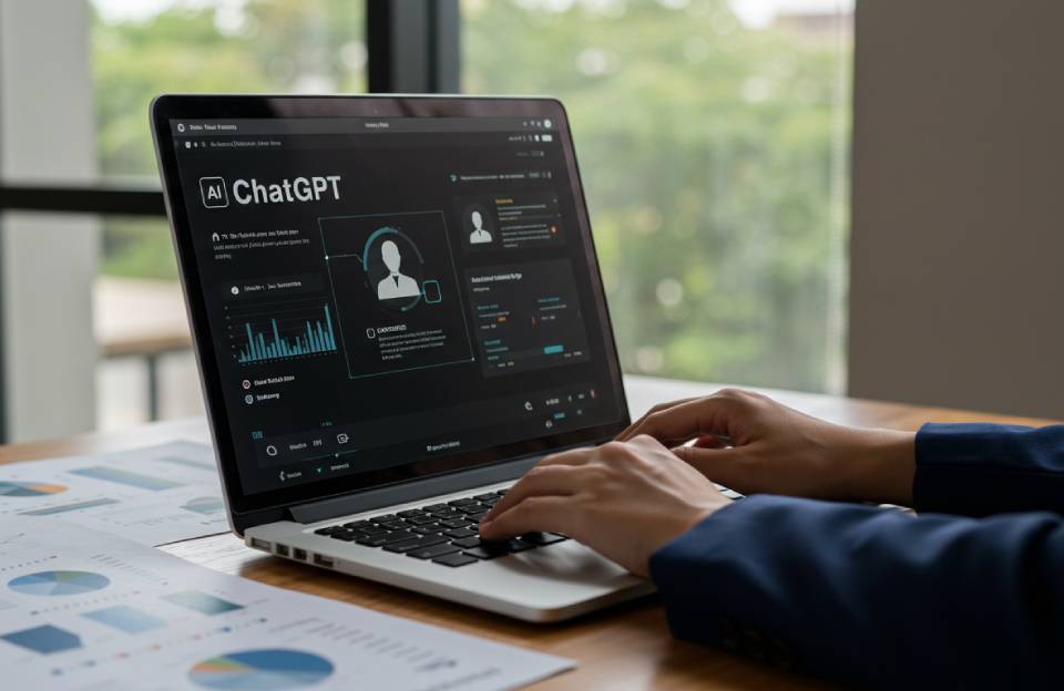 Pessoa usando notebook com a interface do ChatGPT aberta, exibindo gráficos e dados analíticos na tela, sobre uma mesa com relatórios impressos. Ambiente iluminado com vista externa ao fundo, sugerindo uso profissional de inteligência artificial.