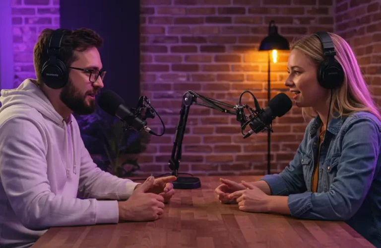 Homem e mulher gravam um podcast com IA em estúdio moderno, usando microfones profissionais e fones de ouvido, com iluminação colorida e ambiente descontraído.