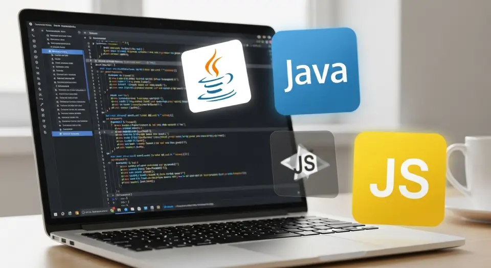 Um laptop com linhas de código e ícones de linguagens como Java e JavaScript Laptop com código e ícones de programação, representando certificações para desenvolvedores.