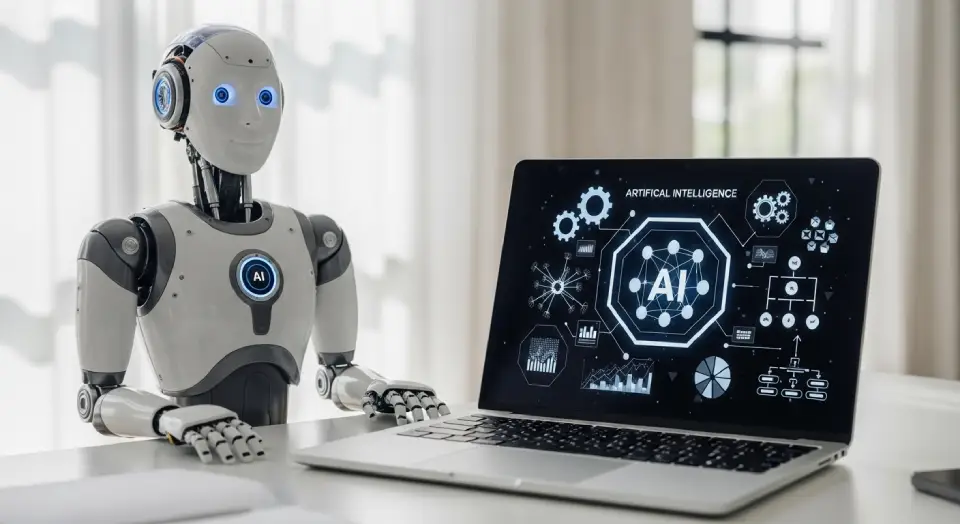 Um robô amigável ao lado de um laptop com ícones de IA, como engrenagens e gráficos Robô e laptop com ícones de inteligência artificial, representando certificações em inteligência artificial.