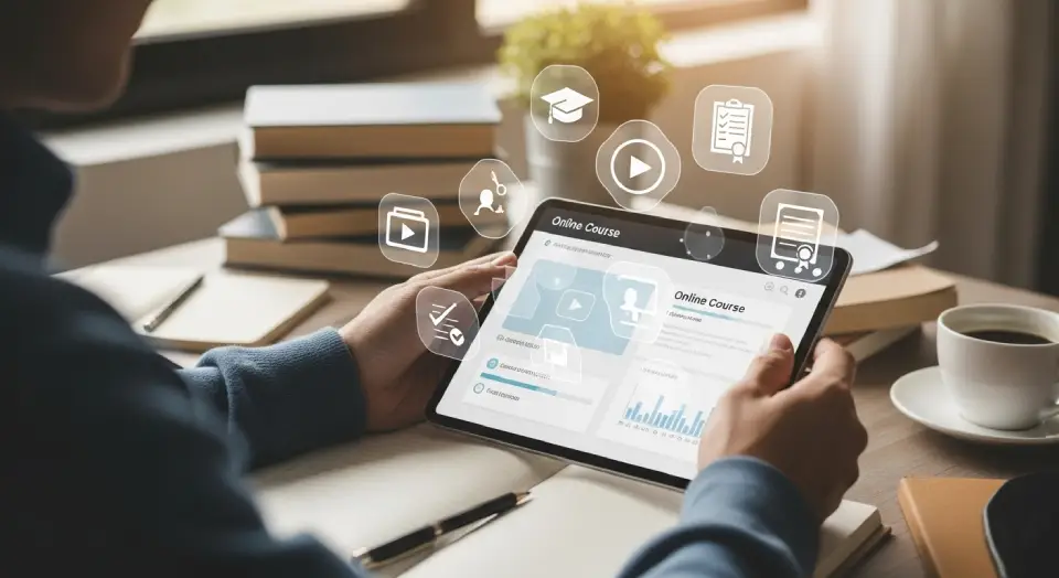 Uma pessoa estudando em um tablet com ícones de cursos online Pessoa com tablet e ícones de cursos, representando cursos e certificações online gratuitos.
