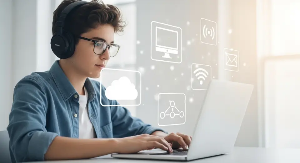 Uma pessoa jovem com um laptop, cercada por ícones de tecnologia simples Pessoa jovem com laptop e ícones de tecnologia, representando certificações para iniciantes em tecnologia.