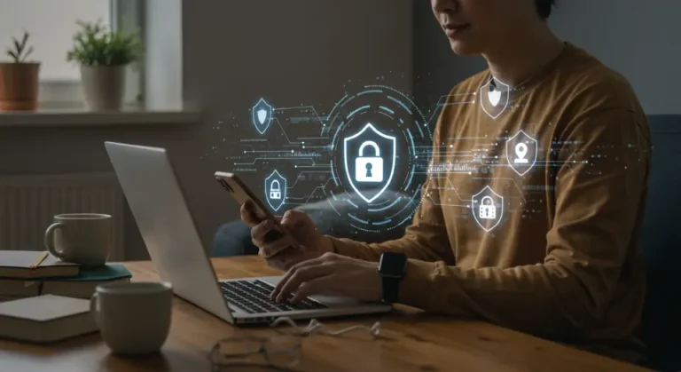 Pessoa usando notebook e celular simultaneamente, com ícones digitais de cadeado e escudo ao redor, representando práticas de cibersegurança e proteção de dados em ambiente digital.