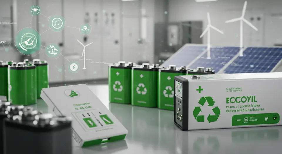 revolucao-baterias-imagem-1 Baterias sustentáveis com símbolos de reciclagem em ambiente tecnológico, acompanhadas de ícones de energia limpa e turbinas eólicas ao fundo, ilustrando a revolução das baterias na transição energética.
