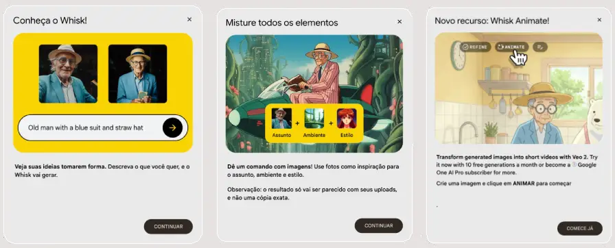 Telas que orientam o funcionamento do Whisk. Telas informativas sobre como utilizar o Google Whisk, apresentadas quando o usuário acessa pela primeira vez.