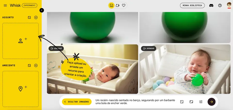 Como submeter uma imagem como parâmetro "Assunto". Demonstração de como submeter uma imagem como parâmetro "Assunto" no Google Whisk.