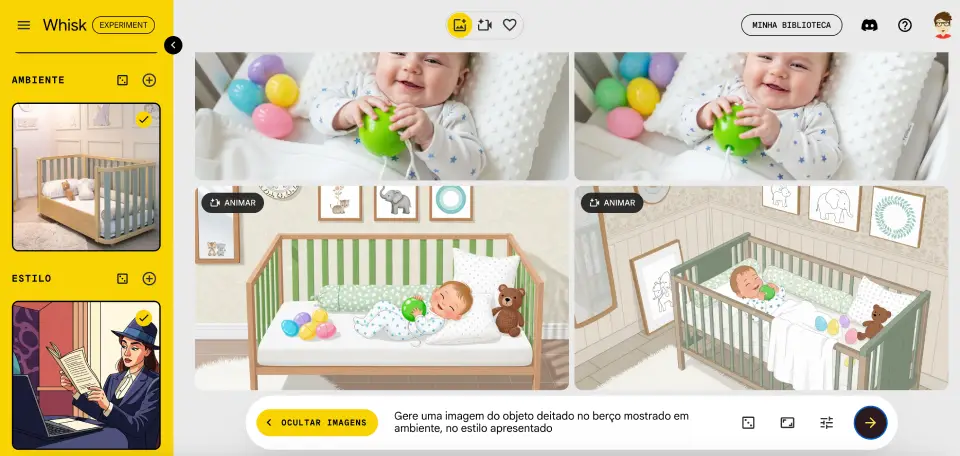 Imagens submetidas como parâmetros Ambiente" e "Estilo". Demonstração de como submeter imagens como parâmetros "Ambiente" e "Estilo" no Google Whisk.