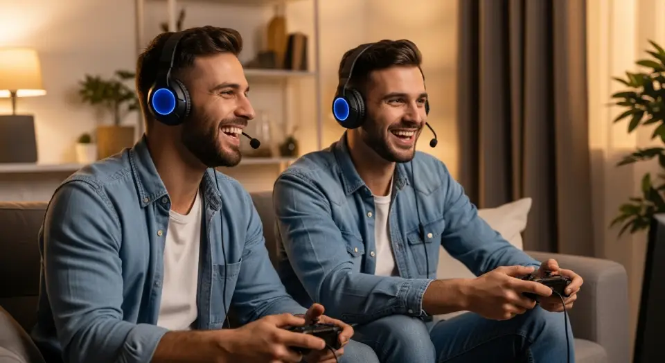 Amigos jogando online com fones de ouvido e interagindo por chat de voz, destacando a experiência social nos jogos Amigos jogando online com fones de ouvido e interagindo por chat de voz, destacando a experiência social nos jogos.