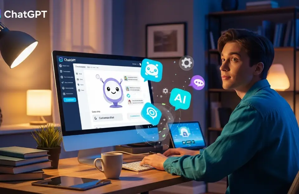 Criação de um assistente com o ChatGPT usando o recurso Meus GPTs, com elementos visuais que representam personalização de IA de forma simples e moderna.