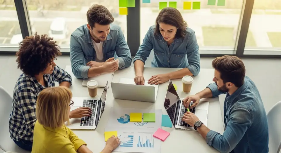 Equipe de jovens profissionais colaborando em projeto de tecnologia com laptops e anotações.