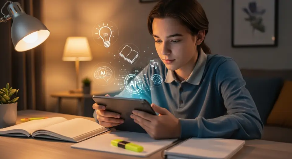 Estudante usando aplicativo de estudos com inteligência artificial em ambiente acolhedor.