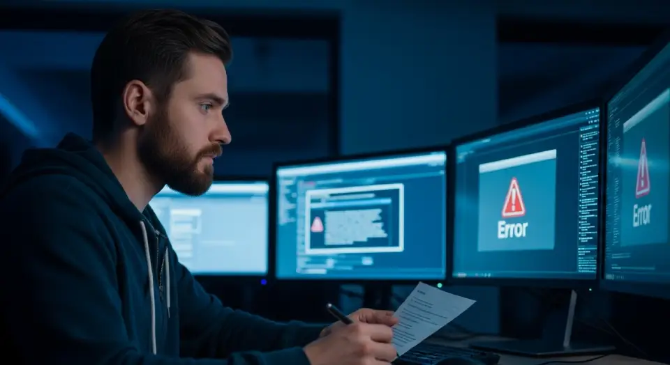 Homem concentrado resolvendo erro técnico no computador, em ambiente de escritório à noite.