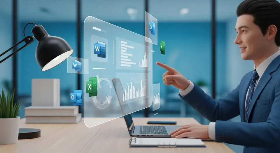 Ilustração do Copilot da Microsoft auxiliando um profissional com tarefas do Office em um ambiente de trabalho moderno Ilustração do Copilot da Microsoft auxiliando um profissional com tarefas do Office em um ambiente de trabalho moderno