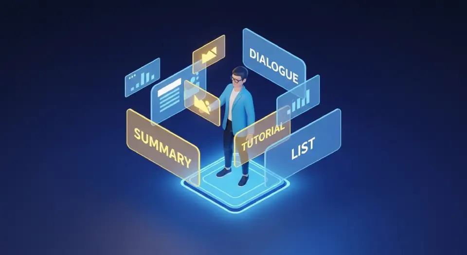 Imagem representando os diferentes tipos de respostas que podem ser geradas com Prompts para GPT’s, como resumo, diálogo e lista.