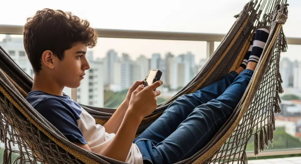 Jovem brasileiro jogando Nintendo Switch 2 em rede na varanda, com cenário urbano ao fundo e clima descontraído. Jovem brasileiro jogando Nintendo Switch 2 em rede na varanda, com cenário urbano ao fundo e clima descontraído.