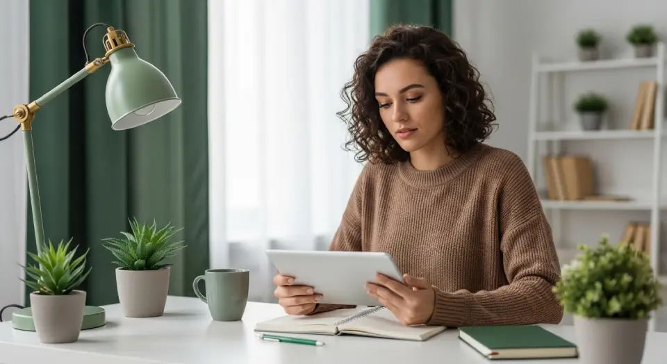 Mulher organizando tarefas de tecnologia em tablet e caderno em home office aconchegante.