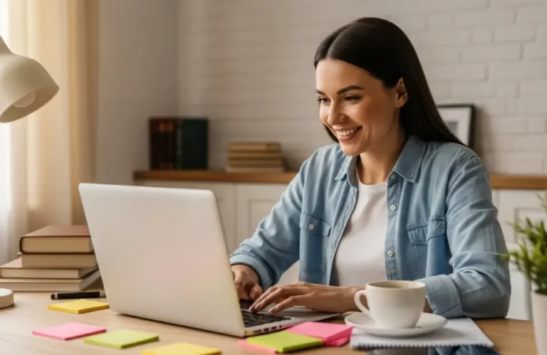Pessoa adulta iniciando uma nova carreira em tecnologia em 2025, usando um notebook em casa com expressão de motivação e confiança.