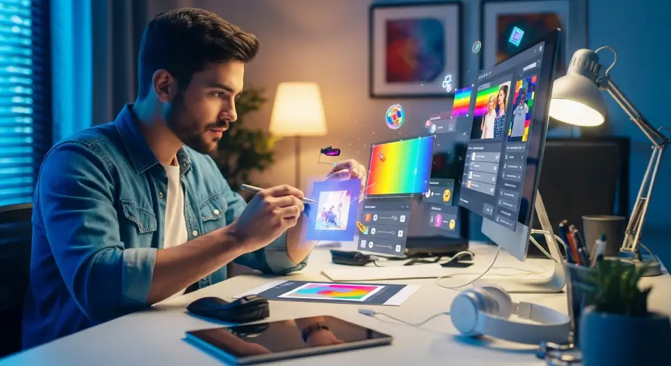 Pessoa criando conteúdo visual com ajuda de app de inteligência artificial para redes sociais.