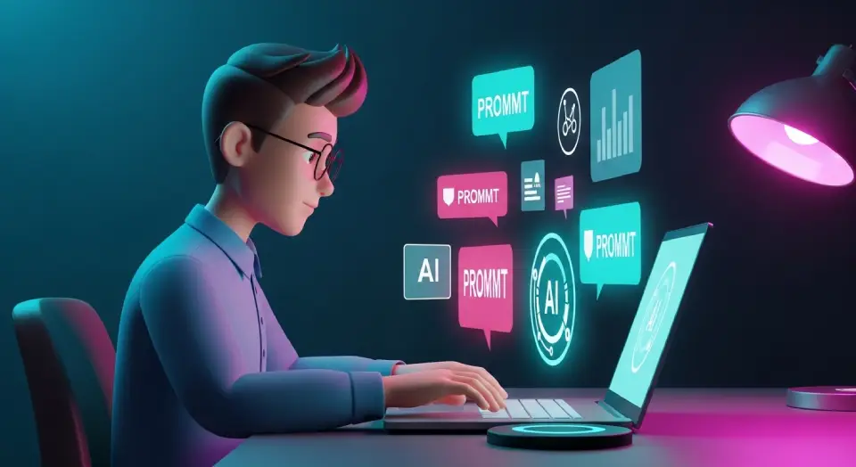 Pessoa digitando com confiança enquanto interage com comandos de IA em uma interface futurista — tema central sobre Prompts para GPT’s