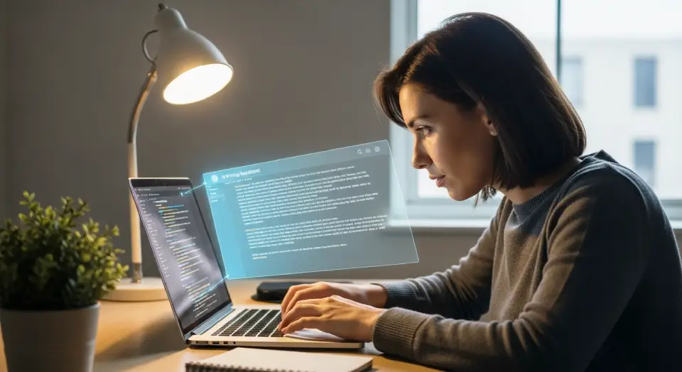Pessoa escrevendo com ajuda de app com inteligência artificial para melhorar textos.