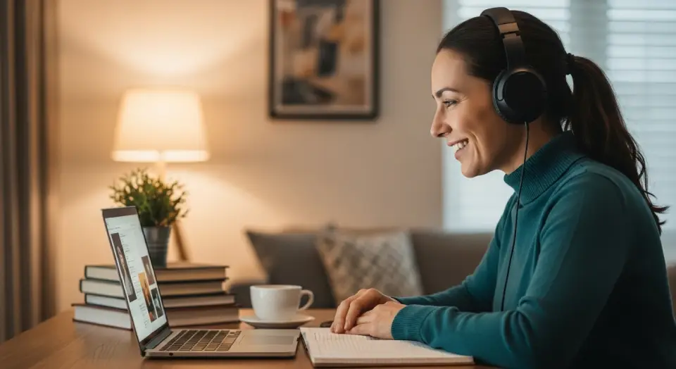 Pessoa estudando em casa para iniciar uma carreira em tecnologia, assistindo aulas online com notebook.