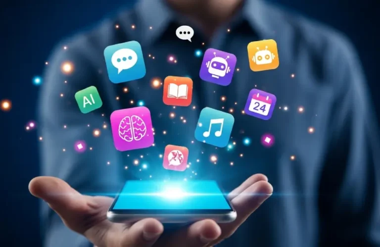 Pessoa segurando smartphone com ícones flutuantes representando apps com inteligência artificial, em estilo tecnológico moderno e vibrante.
