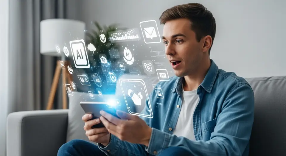 Pessoa segurando um smartphone, rodeada por elementos visuais de inteligência artificial, representando a descoberta da Apple Intelligence.