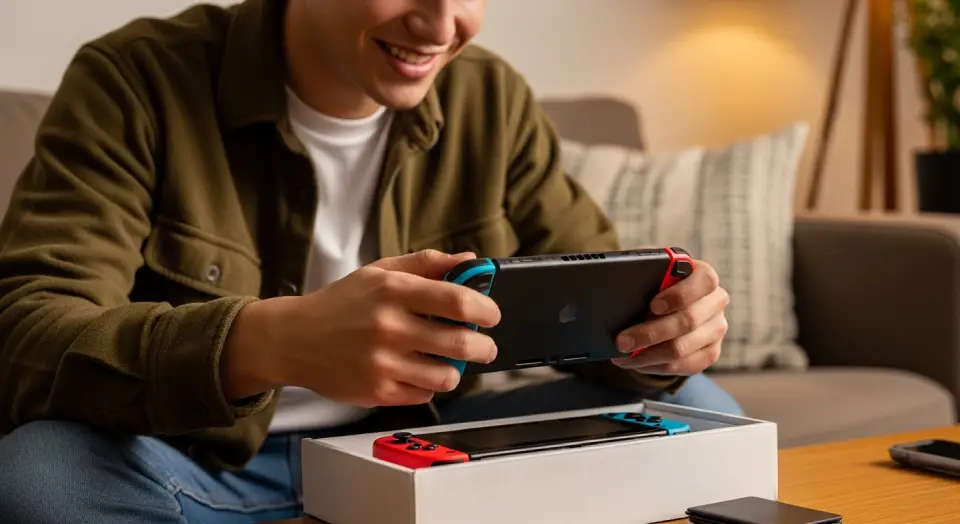 Pessoa sorridente segurando o Nintendo Switch 2 recém-aberto em ambiente aconchegante, transmitindo empolgação com o novo console. Pessoa sorridente segurando o Nintendo Switch 2 recém-aberto em ambiente aconchegante, transmitindo empolgação com o novo console.