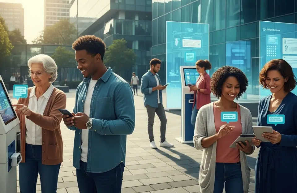 Pessoas comuns interagindo com tecnologias de forma simples e acessível.