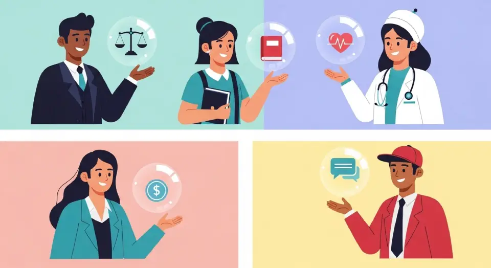 Pessoas de diferentes profissões usando assistentes personalizados com IA, como advogados, estudantes e empreendedores.