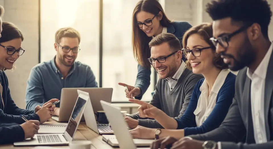 Pessoas iniciando uma nova carreira em tecnologia em 2025, estudando e trocando ideias em um ambiente colaborativo.