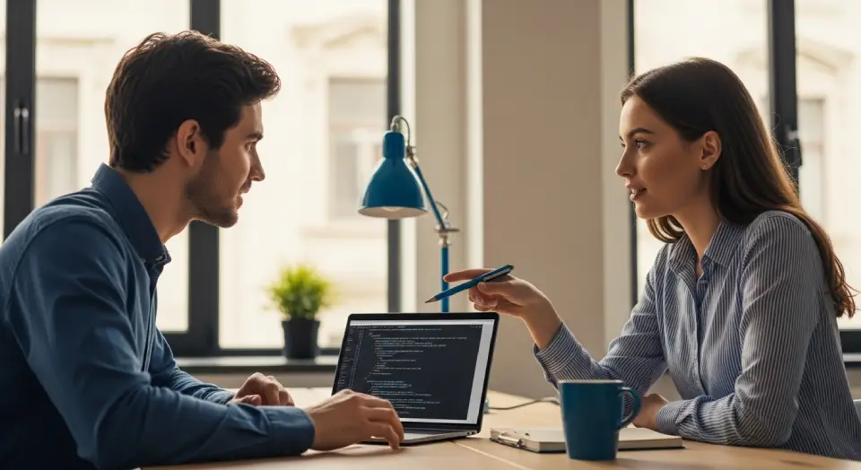 Profissionais de tecnologia conversando em um escritório moderno, conectando habilidades técnicas e humanas.