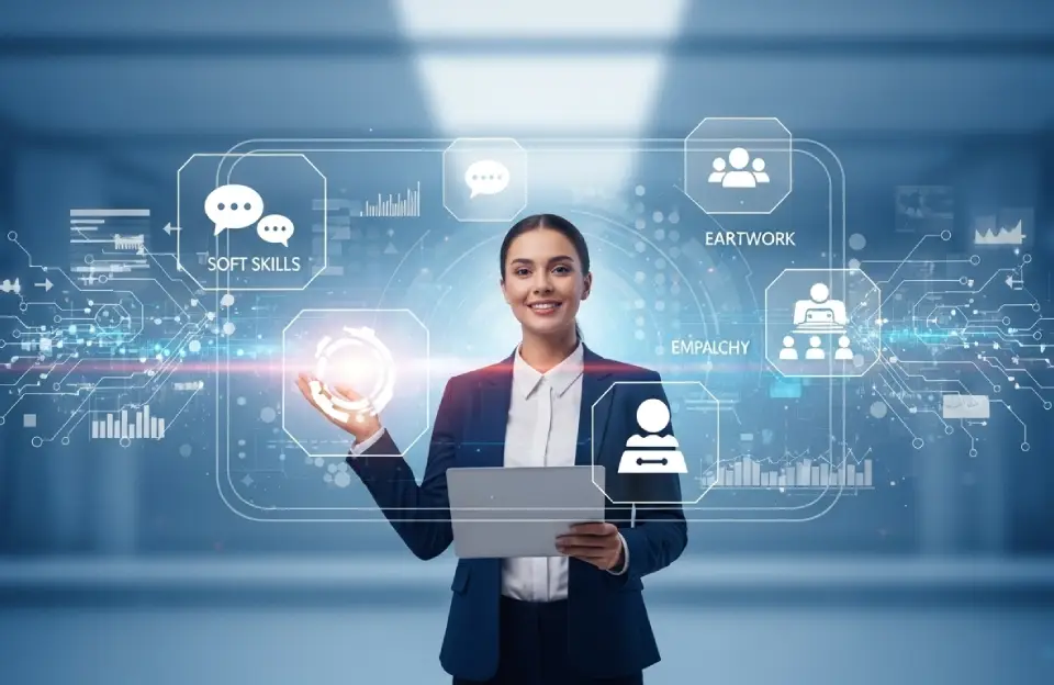 Profissional de tecnologia cercado por ícones de habilidades humanas, simbolizando a importância das Soft Skills em 2025.